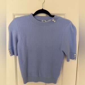Zara Pastel Blue Knit Top with Embellished Sleeves NWT